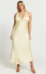 Khalani Maxi Dress - Deep V Neck Satin Slip Dress in Butter Yellow
