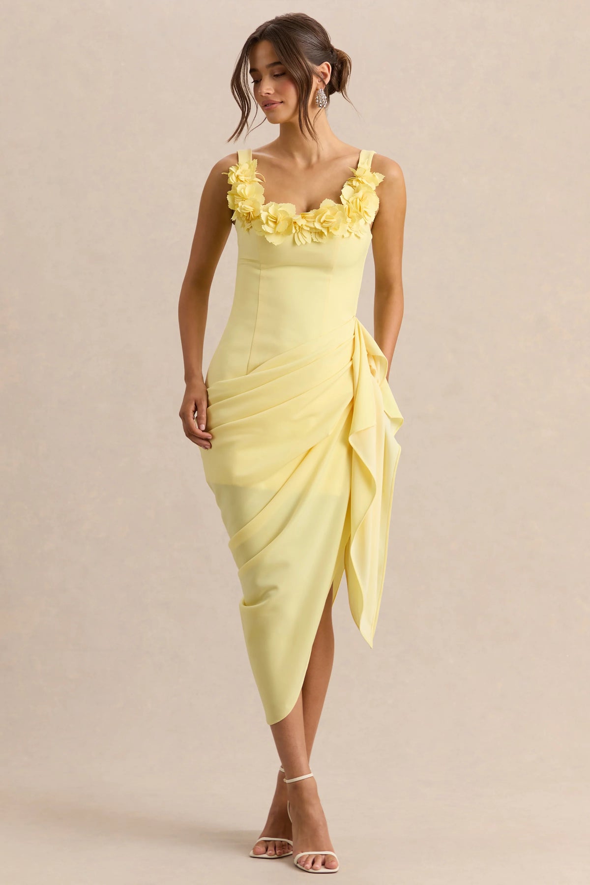 Letitia | Lemon Scoop-Neck Embellished Wrap Midi Dress