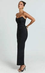 Pietra Midi Dress - Scoop Neck Side Seam Tucks Fitted Dress in Black