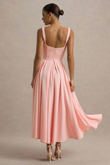 Parina | Pink Strappy Volume-Hem Midi Dress