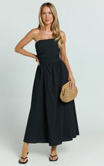Polly Midi Dress - Strapless Ruched Dress in Black