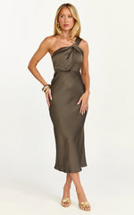 Aria Midi Dress - One Shoulder Twist Detail Satin Bias Cut Dress in Espresso