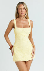 Sienna Mini Dress - Square Neck Floral Embroidered A Line Dress in Lemon