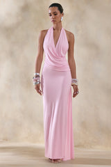 Rosina | Pink Halter-Neck Draped Maxi Dress With Sash