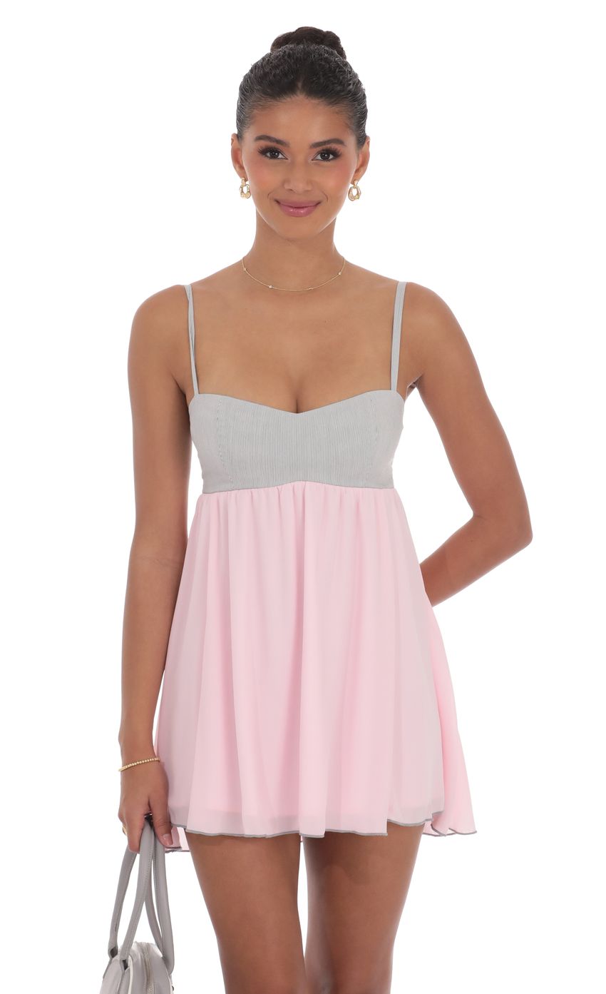 Two Toned Striped Babydoll Dress in Pink