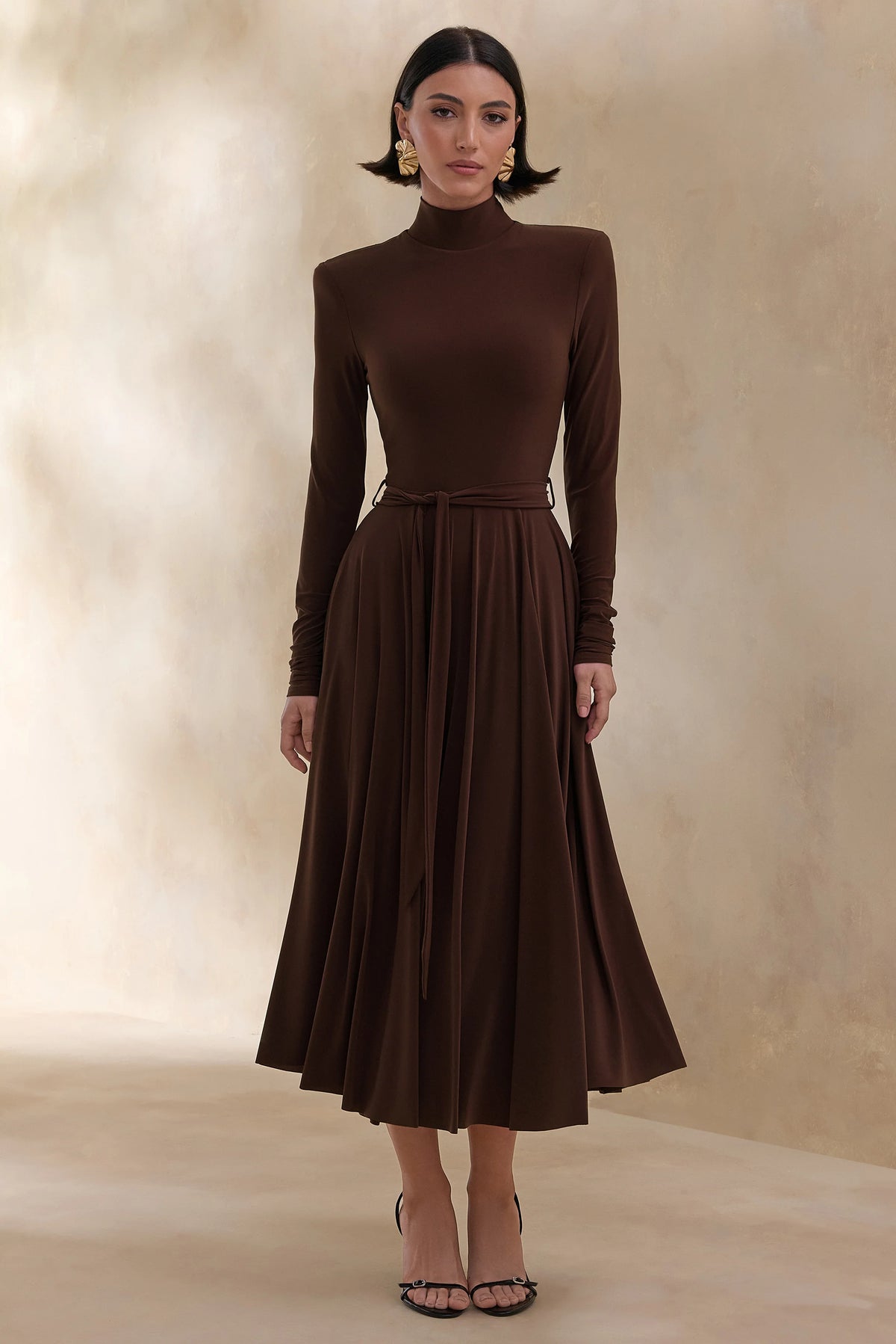 Opalia | Brown High-Neck Belted Midi Dress