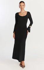 Michelle Maxi Dress - Scoop Neck Flute Sleeve Knit Maxi Dress in Black