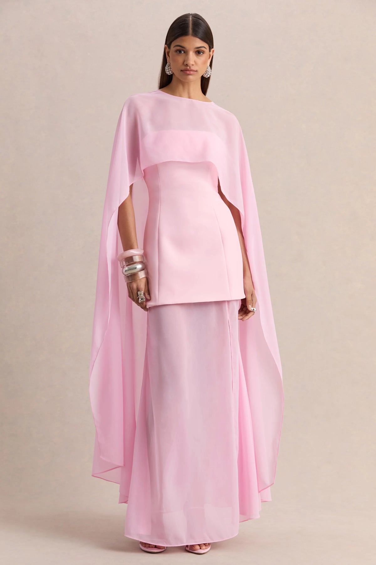 Chessa | Light Pink Boat-Neck Maxi Dress With Sheer Cape