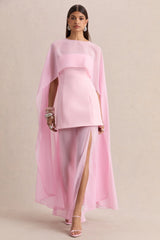 Chessa | Light Pink Boat-Neck Maxi Dress With Sheer Cape
