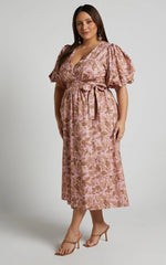 Amalie The Label - Franc Linen Puff Sleeve Wrap Midi Linen Dress - Int