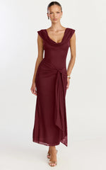 Zena Midi Dress - Cowl Neck Tie Detail Dress in Wine