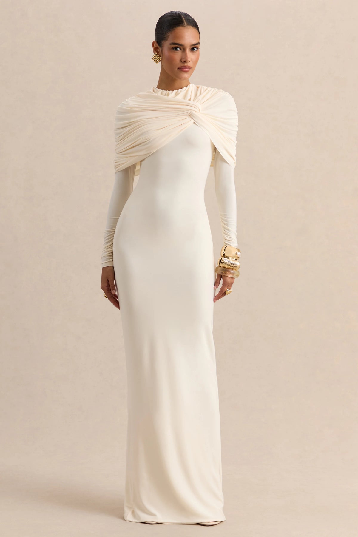Evessa | Cream Crew-Neck Maxi Dress With Gathered-Detailing