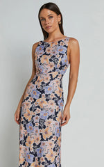 Jenibelle Midi Dress - Boat Neck Open Back Sleeveless Bias Cut Slip Dress in Mellow Floral