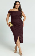 Aidia Midi Dress - Off Shoulder Draped Corset Dress in Burgundy