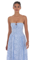 Floral Lace-Up Maxi Dress in Light Blue