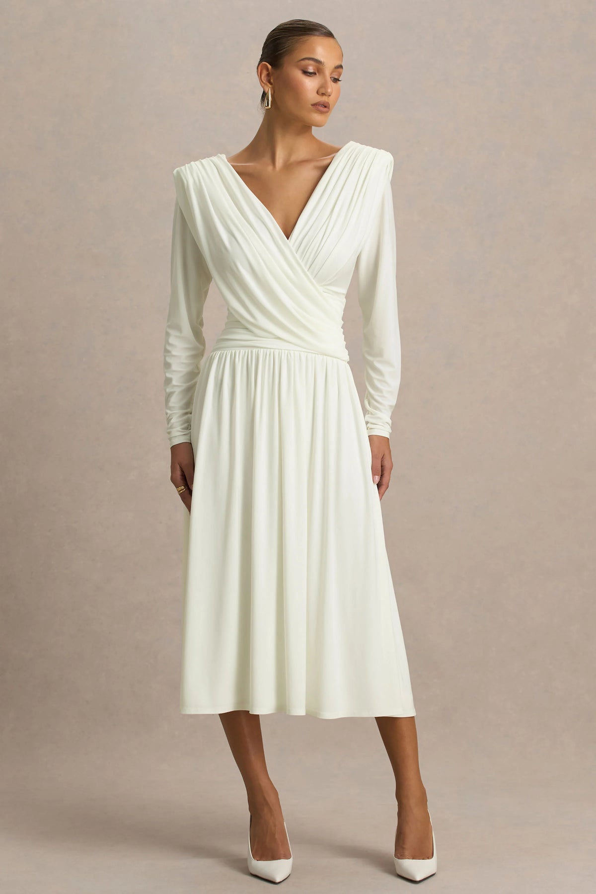 Alexis | Cream Plunge-Neck Midi Dress With Draped And Ruched Detailing