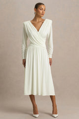 Alexis | Cream Plunge-Neck Midi Dress With Draped And Ruched Detailing