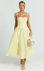 Myrtle Midi Dress - Straight Neck Curved Drop Waist Gathered Full Skirt Dress in Lemon
