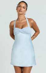 Flynn Mini Dress - Satin Halter Sweetheart Neck Dress in Blue