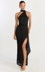 Isla Maxi Dress - One Shoulder Scarf Tie Neck Lace Dress in Black