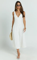Zula Midi Dress - V Neck Sleeveless Under Bust Seam Circular Skirt Dress in White