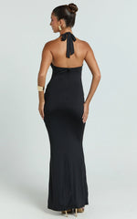 Heath Maxi Dress - Scoop Halter Neck With Drape Front Skirt Back Split Dress in Black