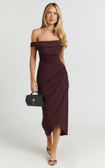 Aidia Midi Dress - Off Shoulder Draped Corset Dress in Burgundy
