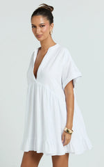 Calissa Mini Dress - Frill Hem Smock Dress in White