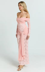 Sandra Midi Dress - Off The Shoulder Sash Bodycon Dress in Pink