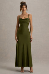 Eimear | Olive Green Satin Draped Sweetheart Maxi Dress