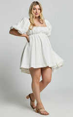 Amalie The Label - Hamyya Linen Tie Back Puff Sleeve Mini Linen Dress - In White