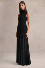 Gigi | Black High-Neck Maxi Dress With Drop-Waist And Sheer Skirt