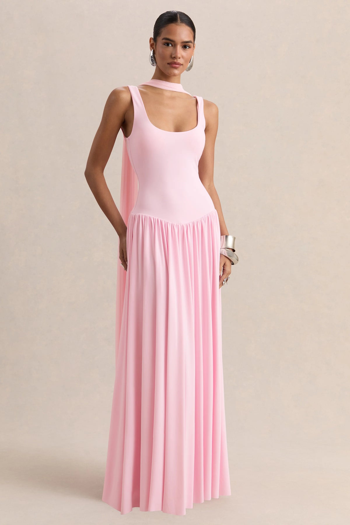Aurina | Pink Square-Neck Maxi Dress With Scarf-Detail