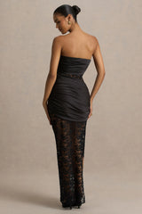 Dulcie | Black Lace And Satin Bandeau Midaxi Dress With Wrap-Details