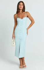 Anessa Midi Dress - Button Front Bustier Fitted Dress in Blue
