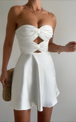 Almaeh Mini Dress - Twist Front Cut Out Strapless Slip Dress in White