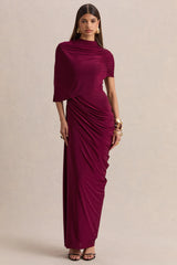 Lunaline | Burgundy High-Neck Maxi Dress With Asymmetric Cape And Draped-Detailing