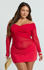 Jade Mini Dress - Long Sleeve Off Shoulder Draped Bias Cut Dress in Red