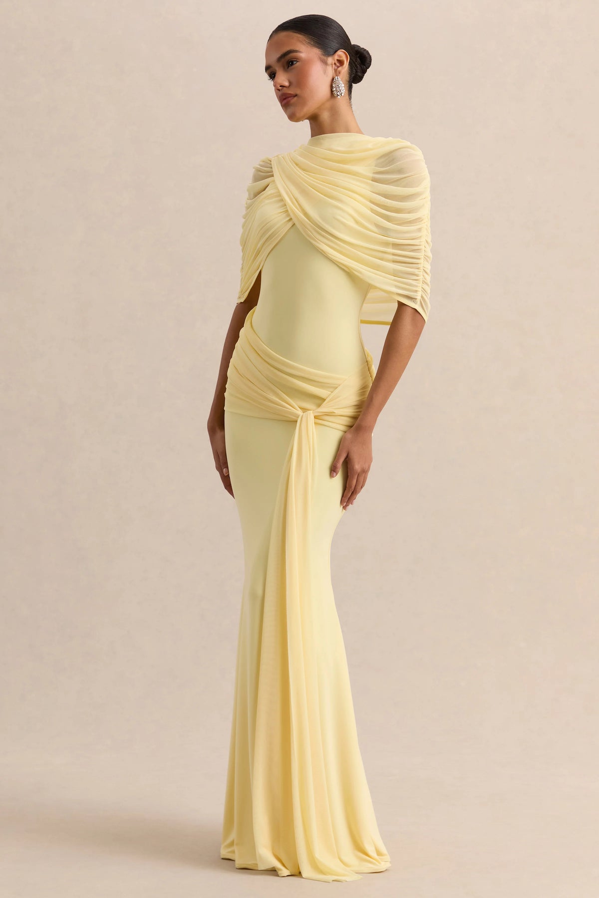 Mirene | Lemon Round-Neck Maxi-Dress With Gathered-Detailing And Sash