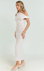 Sally Midi Dress - Stretch Lace Twist Off Shoulder Dress in White