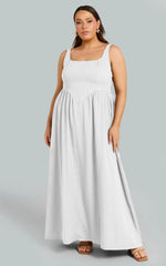 Rhaziya Midi Dress - Sleeveless Straight Neck Fit and Flare Dress in White