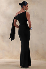 Vista | Black Asymmetric-Neck Maxi Dress With Knot-Sleeve Detail