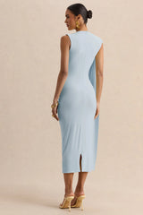 Oleandra | Light Blue High-Neck Midi-Dress With Draped-Detail