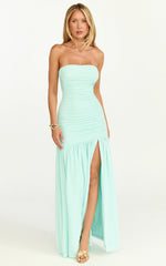 Marguerite Maxi Dress - Strapless Ruched Mesh High Leg Split Dress in Mint