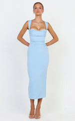 Kenna Midi Dress - Gathered Bust Tucked Waist Dress in Pale Blue