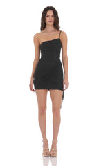 Mesh One Shoulder Tassel Dress in Black