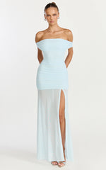Leticia Maxi Dress - Mesh Off Shoulder Ruched High Split Dress in Blue