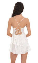 Satin Jacquard Ruffle Dress in White