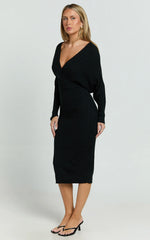 Sheika Midi Dress - Long Sleeve Off Shoulder Knit Dress in Black