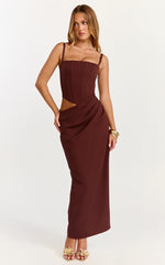 Jonas Midi Dress - Strapless Corset Bodice Draped Waist Skirt Dress in Chocolate